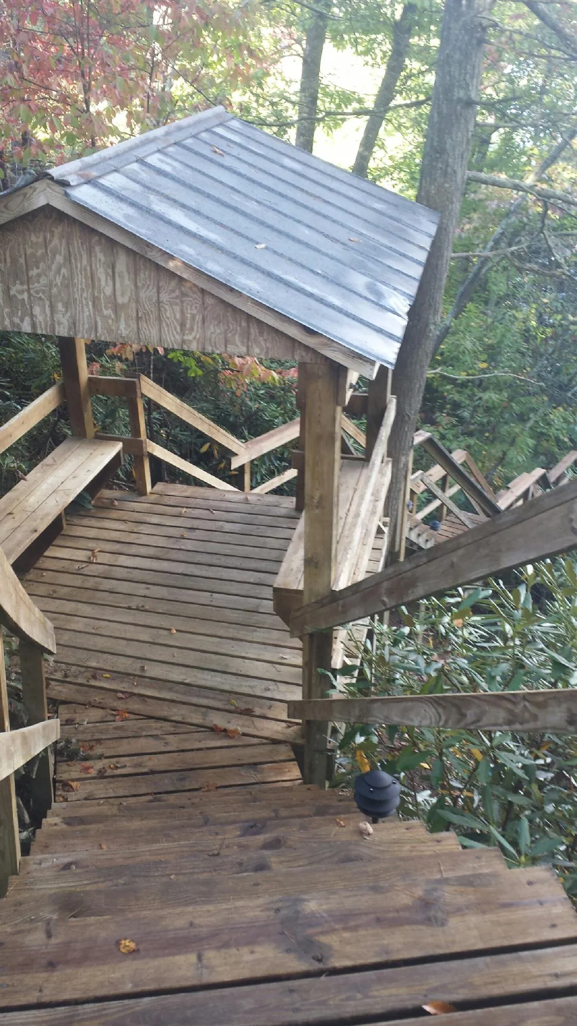 Metal roofed shelter over wooden steps on a wooded walkway — Skylight Repair & Installation work by our crew in James Creek